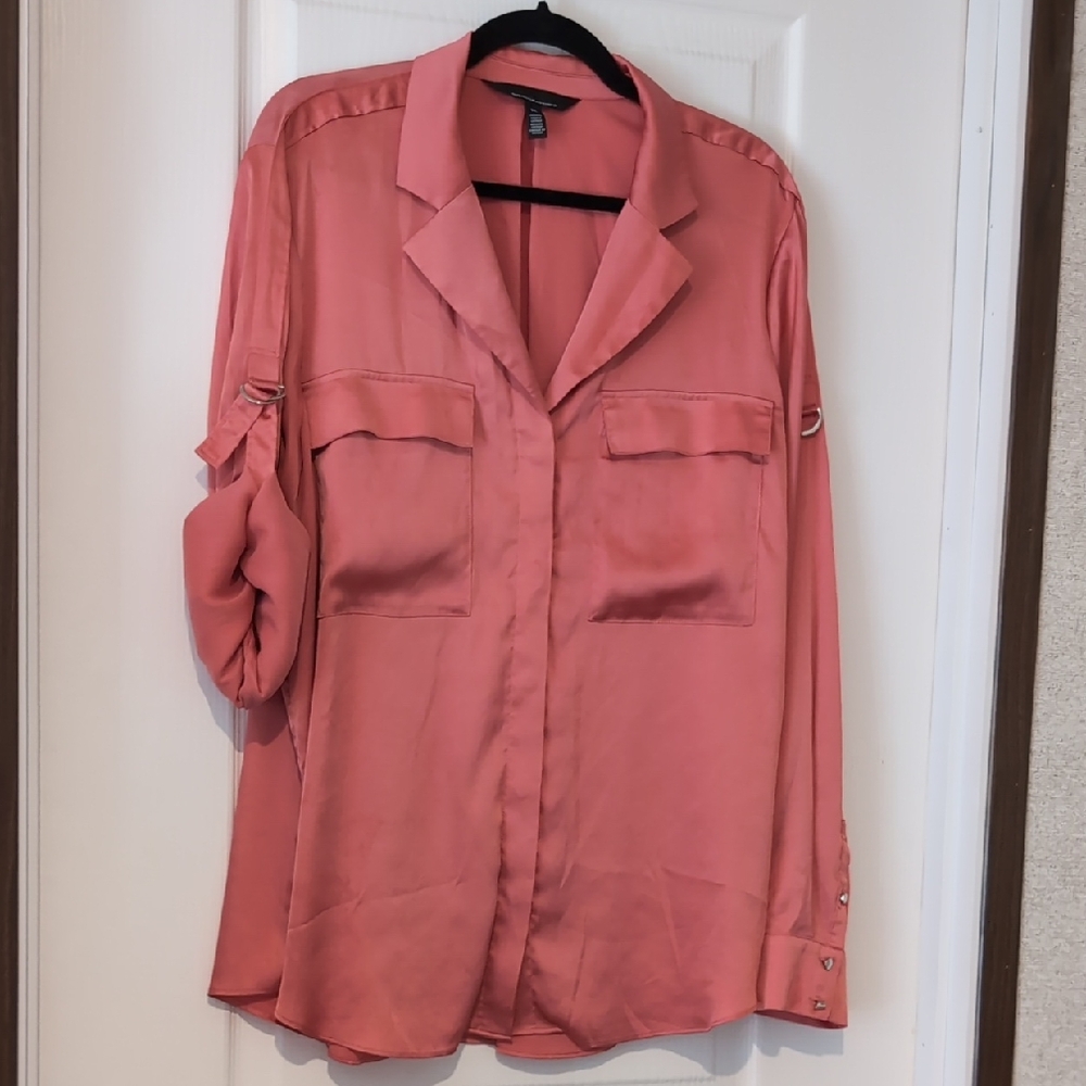 White House Black Market Coral Button-Down Satin Blouse